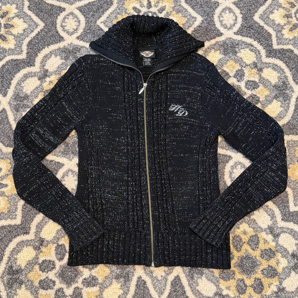 HARLEY-DAVIDSON Black Knit Zip Up Sweater | Size L